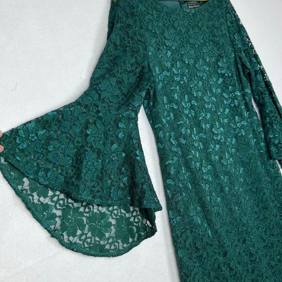 NEW Jessica Howard Dramatic Bell-Sleeve Glitter Hunter Green Lace Dress 16 - Picture 11 of 16